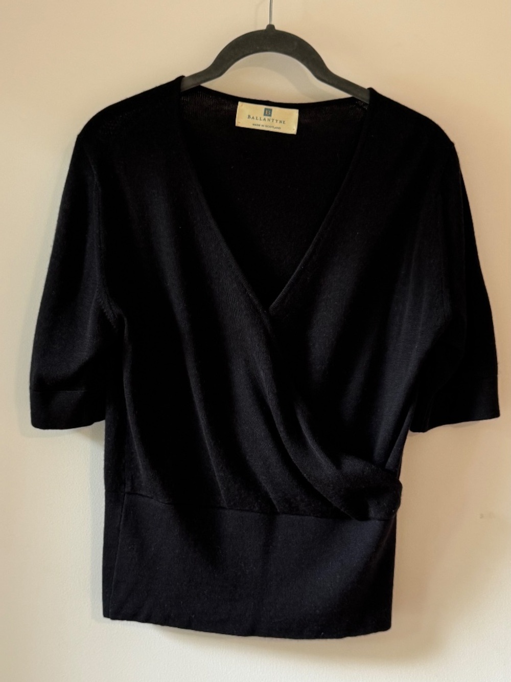 Ballantyne Scotland Merino Cashmere Silk Wrap Sweater Top Black Luxury Knit